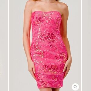 New Barbie Pink Mesh Sequins Floral Strapless Dress